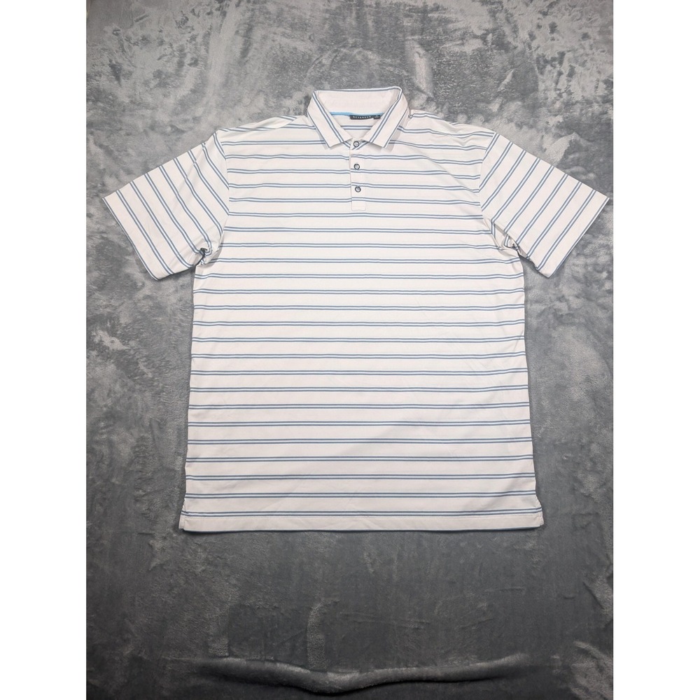 Devereux Polo Shirt Mens Extra Large White Blue Stripe Golf Performance Stretch
